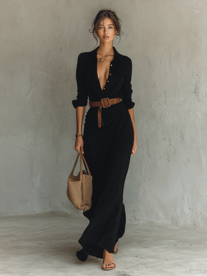 Viviana™ | Abito Maxi Lungo con Collo a Revers Cintura inclusa