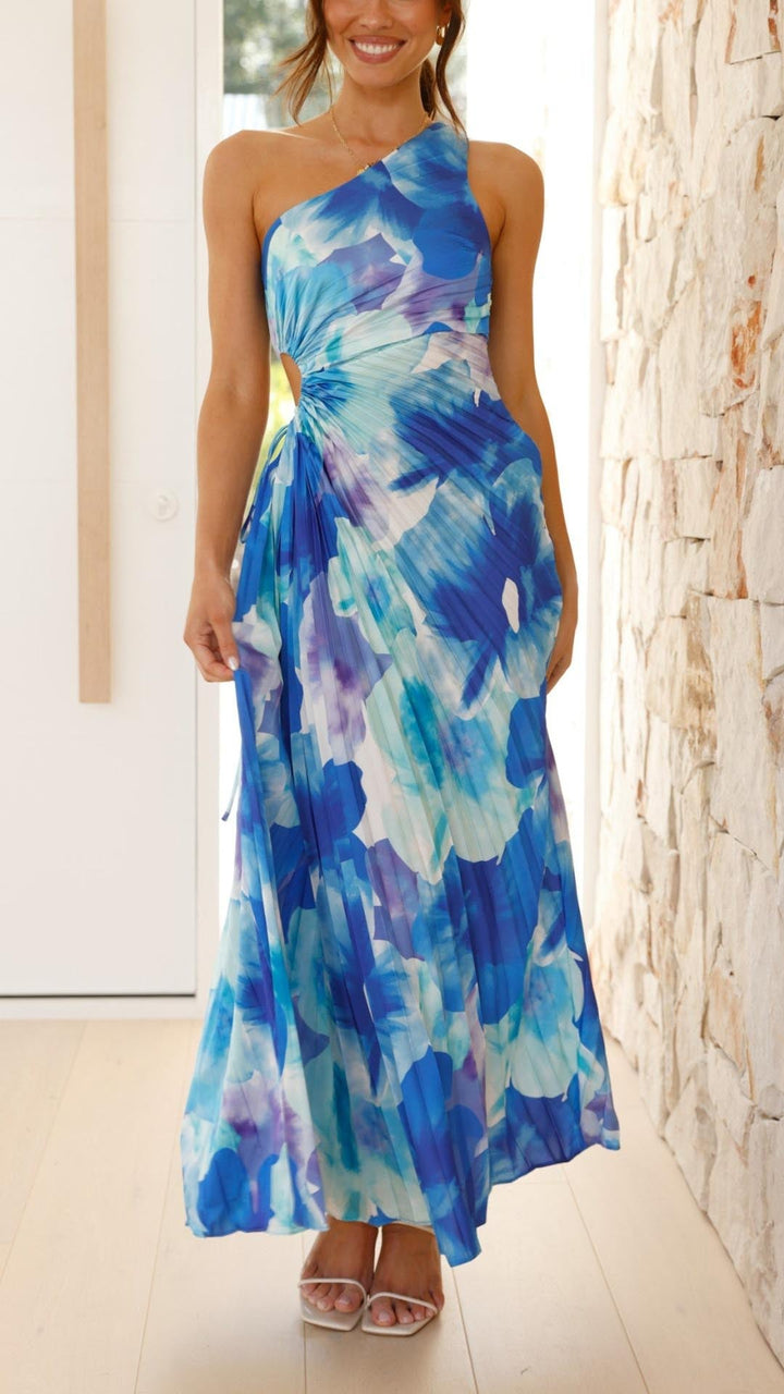 Viviana™ | Abito Maxi a Spalla Unica con Pieghe Floreali